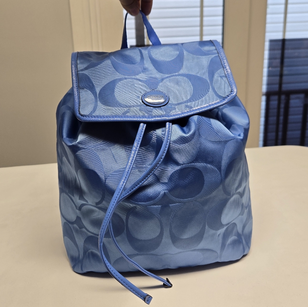 Coach Light Blue Signature Nylon Drawstring Backpack